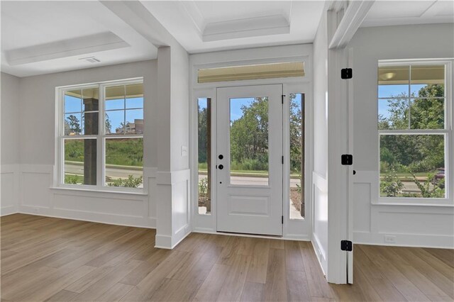 foyer featuring light hardwood / wood-style floors, a raised ceiling, and plenty of natural light