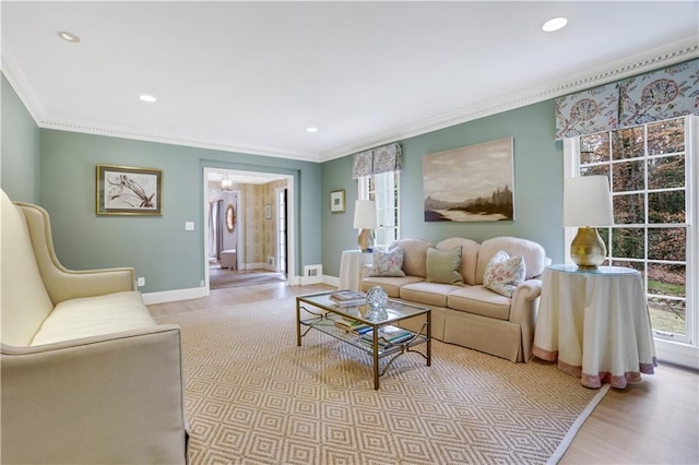 2562 Red Valley Rd, Atlanta, GA 30305 - living room featuring crown molding, baseboards, recessed lighting, and wood finished floors
