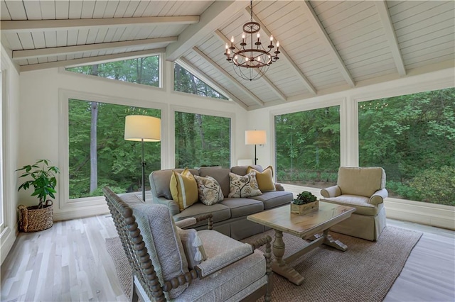2562 Red Valley Rd, Atlanta, GA 30305 - sunroom with a chandelier, a wealth of natural light, lofted ceiling with beams, and wood finished floors