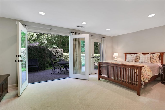 2562 Red Valley Rd, Atlanta, GA 30305 - carpeted bedroom featuring french doors, visible vents, access to outside, and recessed lighting