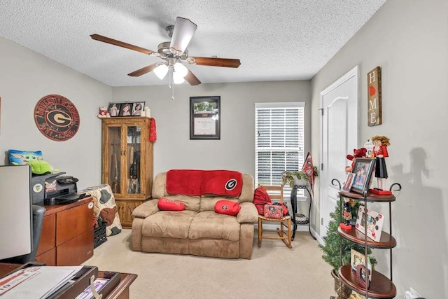 835 Custom Ln, Winder, GA 30680 - carpeted living area featuring a ceiling fan and a textured ceiling