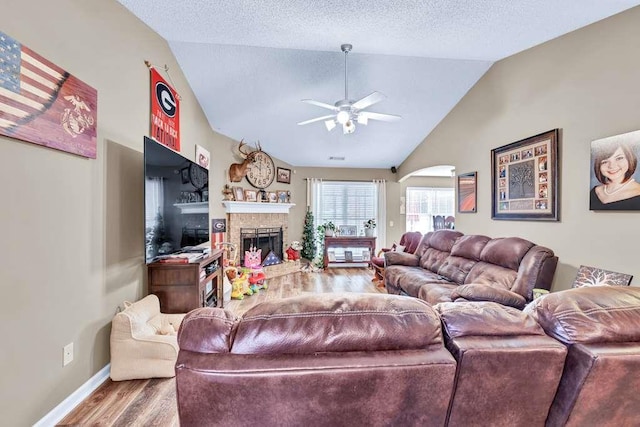 835 Custom Ln, Winder, GA 30680 - living area with vaulted ceiling, wood finished floors, ceiling fan, a fireplace, and baseboards
