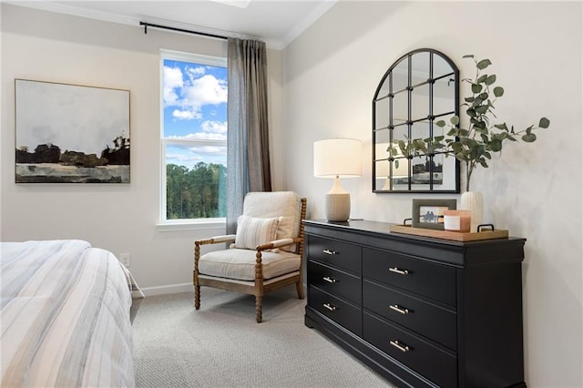 carpeted bedroom with ornamental molding