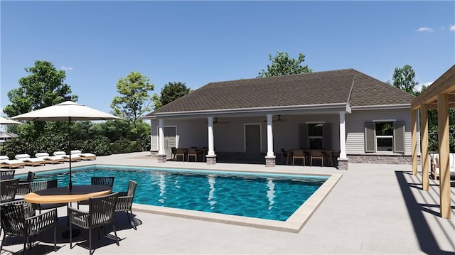 view of swimming pool featuring ceiling fan and a patio