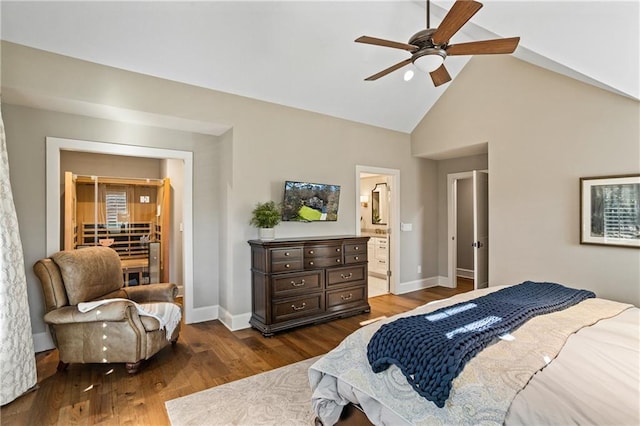 bedroom with ceiling fan, lofted ceiling, dark hardwood / wood-style floors, and ensuite bath