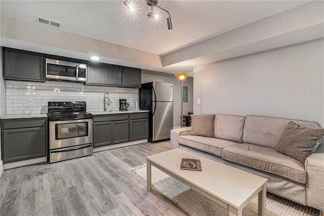 kitchen featuring decorative backsplash, sink, light wood-type flooring, and stainless steel appliances