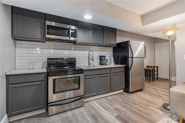 kitchen with light wood-type flooring, sink, appliances with stainless steel finishes, and tasteful backsplash