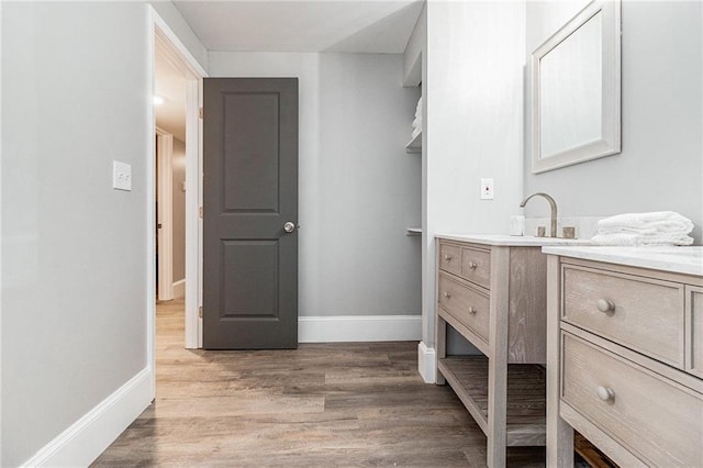 bathroom with hardwood / wood-style flooring and vanity