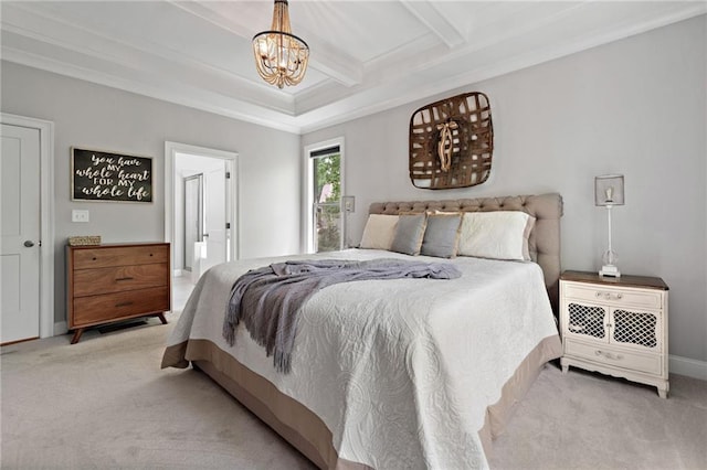 bedroom featuring light colored carpet, baseboards, beam ceiling, and an inviting chandelier