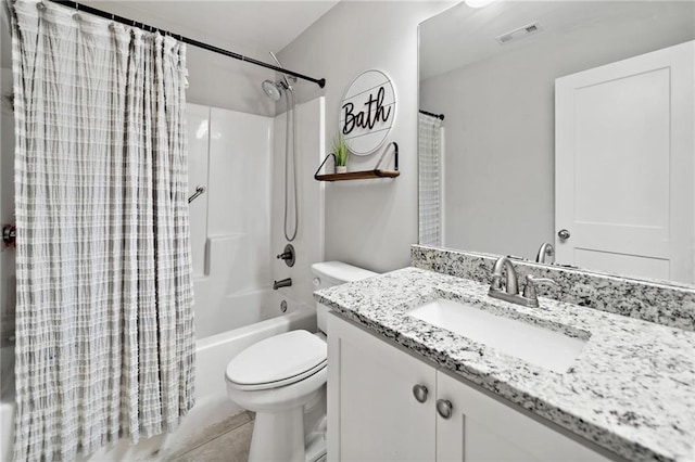 full bath featuring visible vents, tile patterned flooring, vanity, toilet, and shower / bathtub combination with curtain