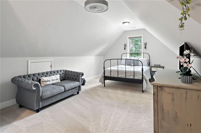 bedroom with baseboards, carpet, vaulted ceiling, and visible vents