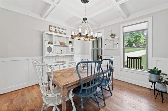 dining space with a decorative wall, a wainscoted wall, coffered ceiling, and a notable chandelier