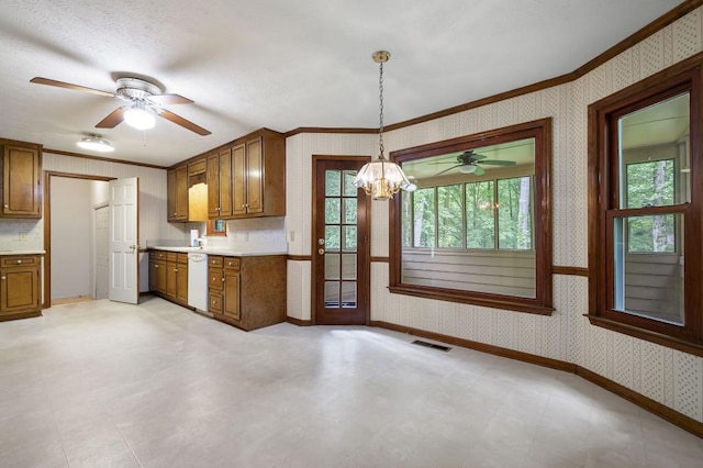 kitchen featuring wallpapered walls, ornamental molding, white dishwasher, light flooring, and brown cabinets