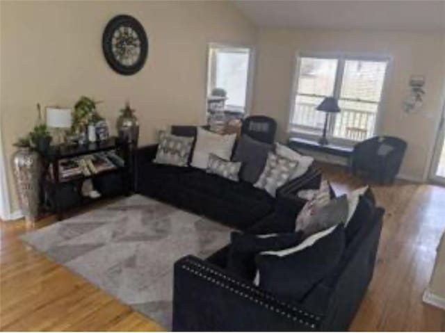 living room featuring hardwood / wood-style floors, vaulted ceiling, and a wealth of natural light