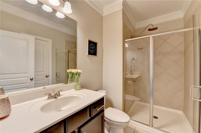 bathroom featuring a shower stall, vanity, toilet, and crown molding