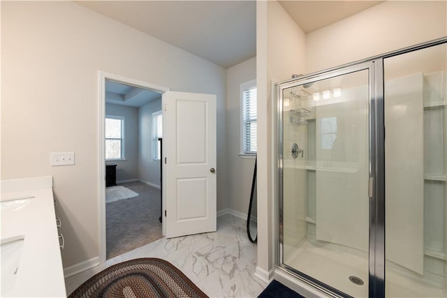 1076 Allspice Way, Lawrenceville, GA 30045 - bathroom featuring a shower with door and vanity
