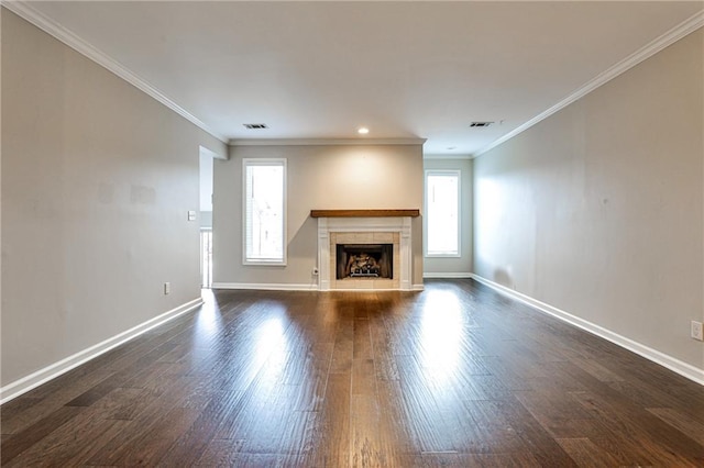 unfurnished living room featuring dark wood-style floors, visible vents, a fireplace, and baseboards