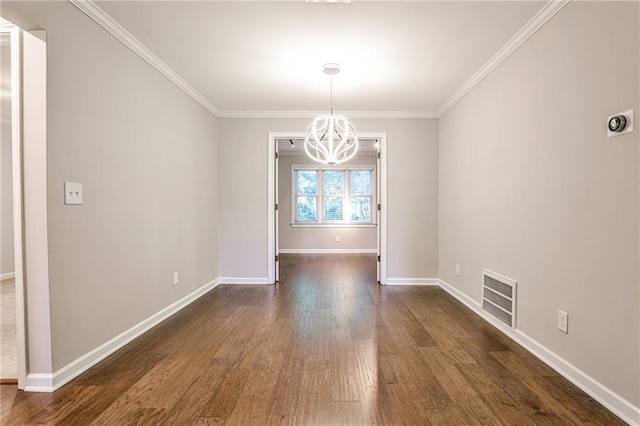 unfurnished room with a notable chandelier, dark hardwood / wood-style floors, and ornamental molding