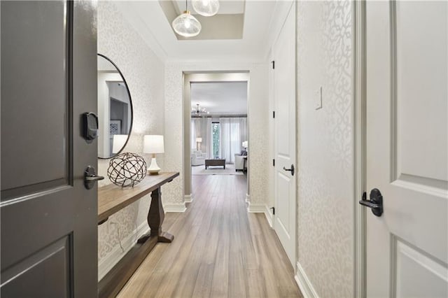 hall with light hardwood / wood-style floors and a tray ceiling