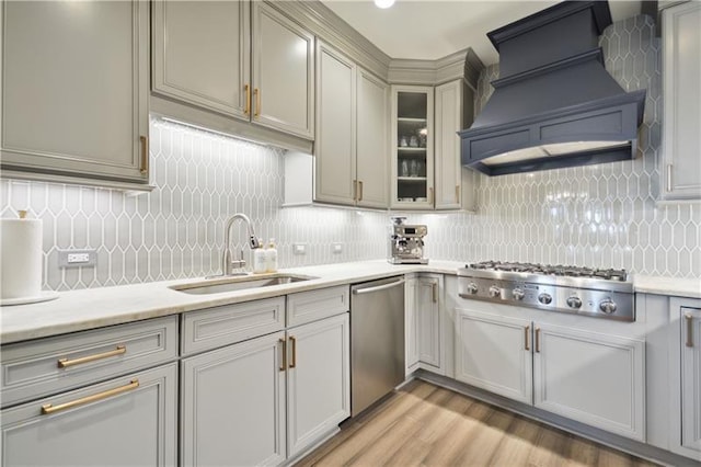 kitchen with appliances with stainless steel finishes, custom range hood, light hardwood / wood-style floors, backsplash, and sink