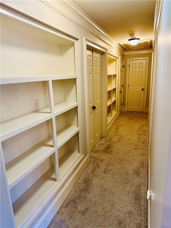 hallway with carpet floors and ornamental molding