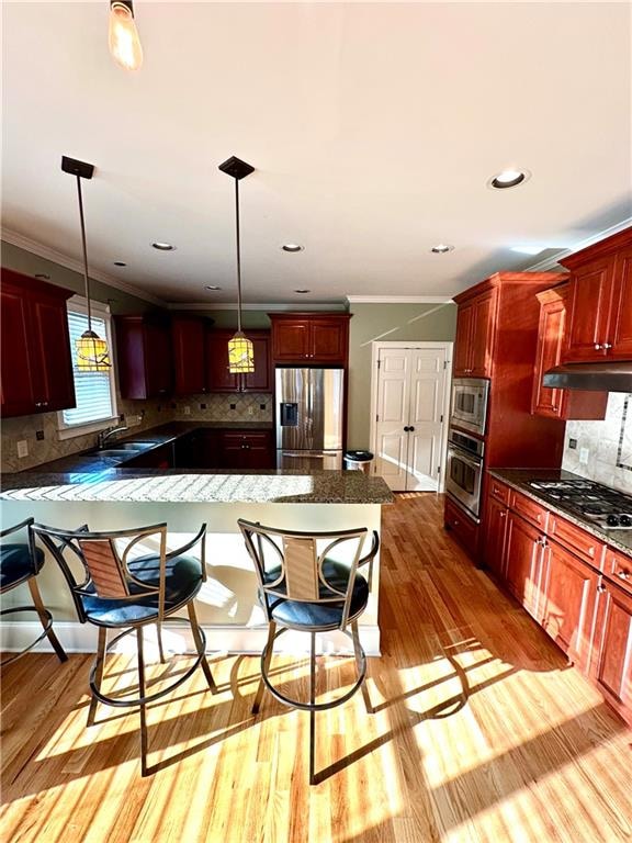 kitchen with appliances with stainless steel finishes, hanging light fixtures, light hardwood / wood-style floors, and tasteful backsplash