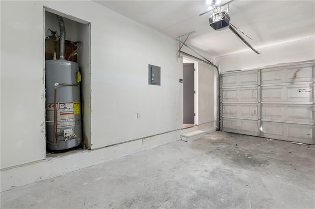 garage with electric panel, a garage door opener, and water heater