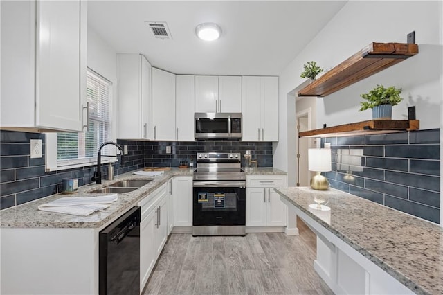 2060 Panstone Ct SW, Marietta, GA 30060 - kitchen with appliances with stainless steel finishes, open shelves, a sink, and white cabinetry