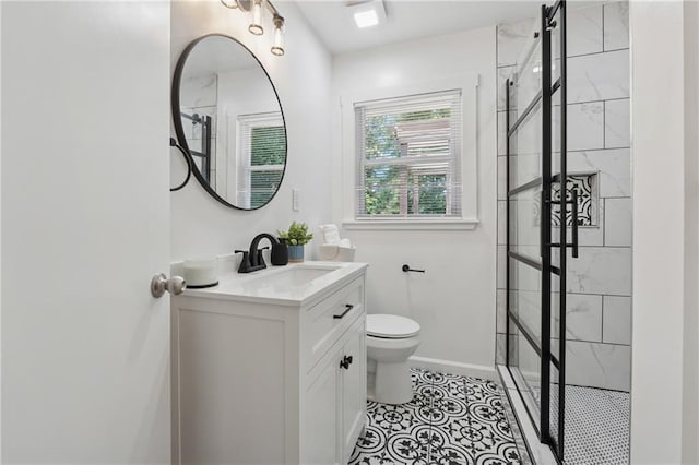 2060 Panstone Ct SW, Marietta, GA 30060 - bathroom with vanity, toilet, a stall shower, baseboards, and tile patterned flooring