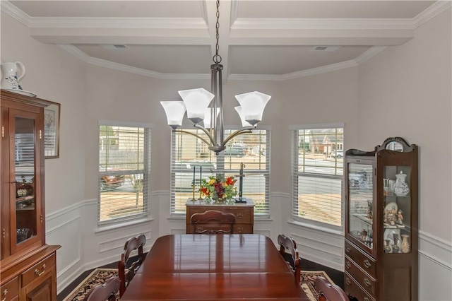 dining room with crown molding, coffered ceiling, beam ceiling, and a notable chandelier