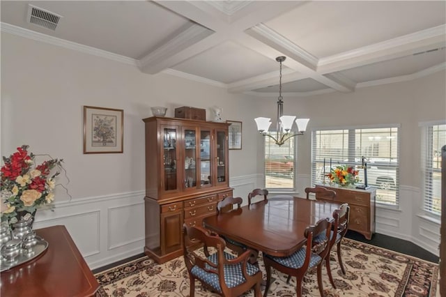 dining space featuring coffered ceiling, an inviting chandelier, wood-type flooring, ornamental molding, and beam ceiling