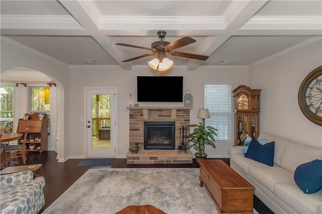 living room with coffered ceiling, dark hardwood / wood-style floors, and a wealth of natural light