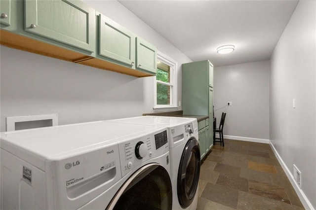 2892 Guinevere Dr NE, Atlanta, GA 30345 - laundry room with cabinet space, washing machine and dryer, stone finish flooring, and baseboards