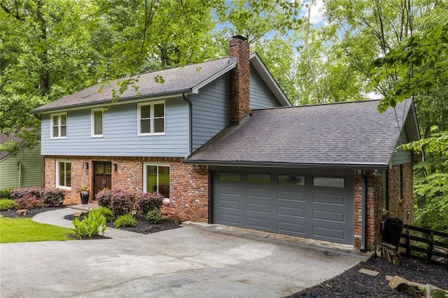 2892 Guinevere Dr NE, Atlanta, GA 30345 - colonial inspired home with brick siding, a shingled roof, a chimney, driveway, and a garage