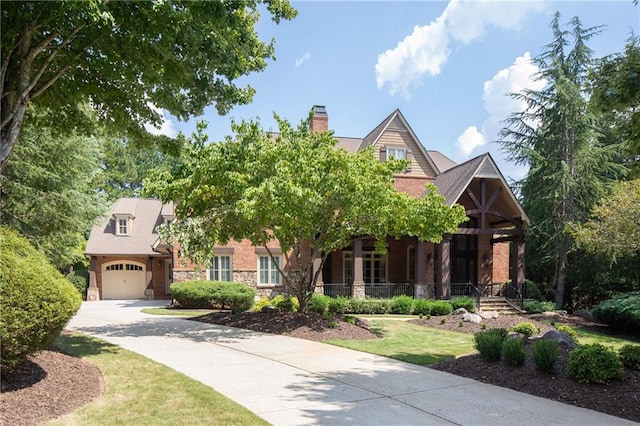 view of front facade with a garage and a porch