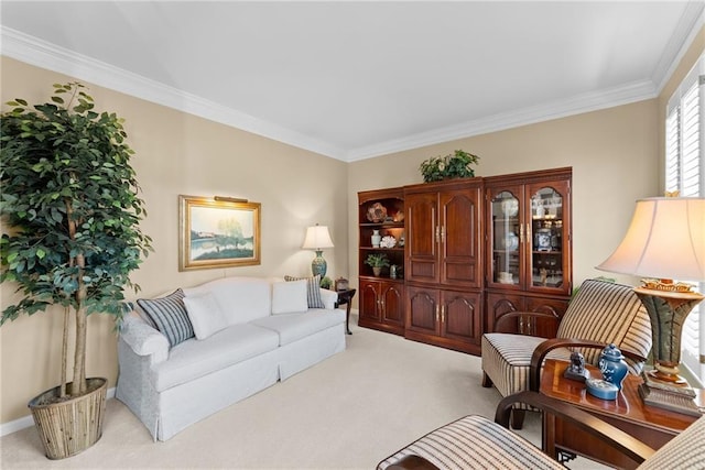 living room with light carpet and crown molding