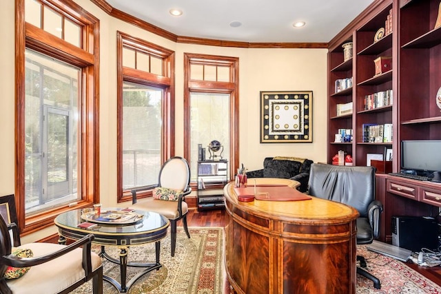 office space featuring ornamental molding and dark hardwood / wood-style floors