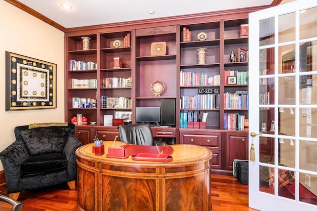 home office featuring dark wood-type flooring and crown molding