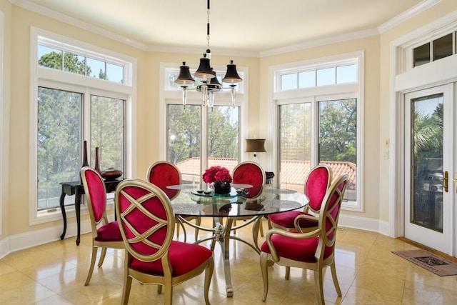 tiled dining space with crown molding, plenty of natural light, and an inviting chandelier