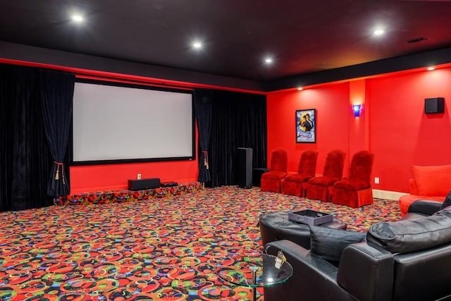 home theater featuring carpet flooring