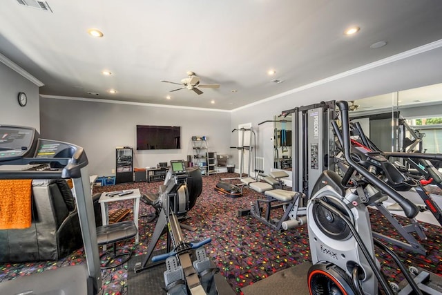 exercise room with ceiling fan, carpet, and ornamental molding