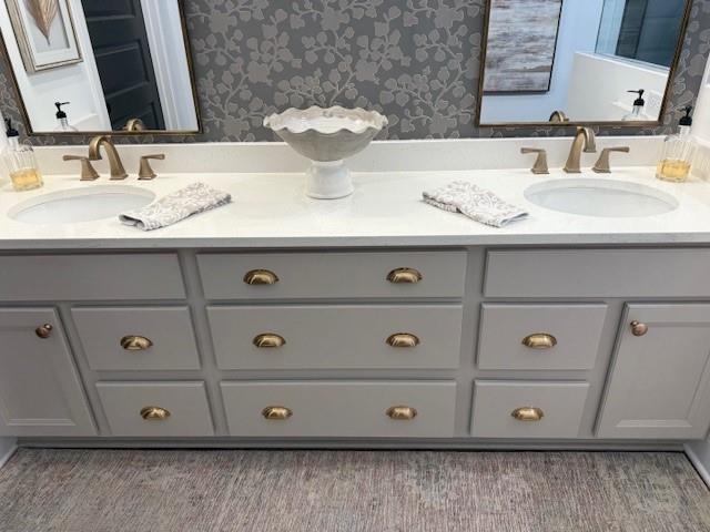 63 Aspen Way, Dallas, GA 30157 - bathroom with wallpapered walls and double vanity