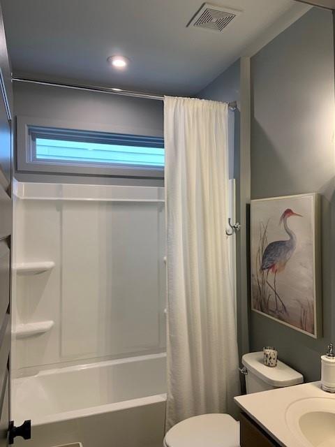 63 Aspen Way, Dallas, GA 30157 - bathroom with toilet, vanity, shower / bathtub combination with curtain, and recessed lighting