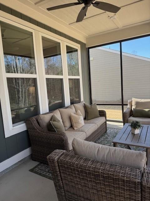 63 Aspen Way, Dallas, GA 30157 - sunroom with an outdoor living space, ceiling fan, and finished concrete flooring