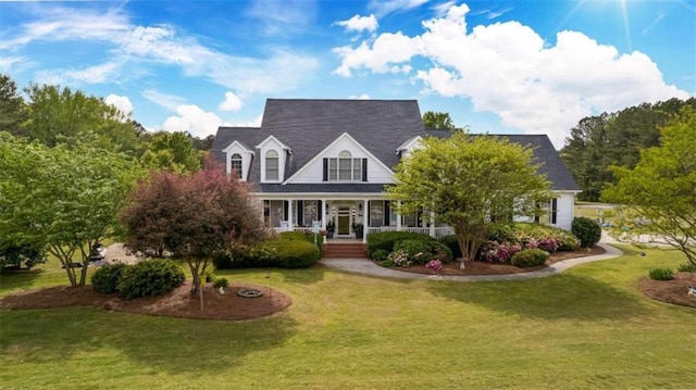 cape cod-style house featuring a front lawn and covered porch