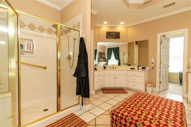 bathroom featuring vanity, crown molding, separate shower and tub, and tile patterned flooring