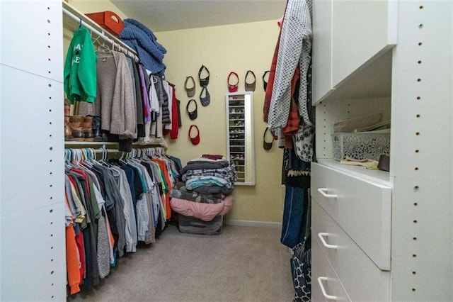 walk in closet with light colored carpet