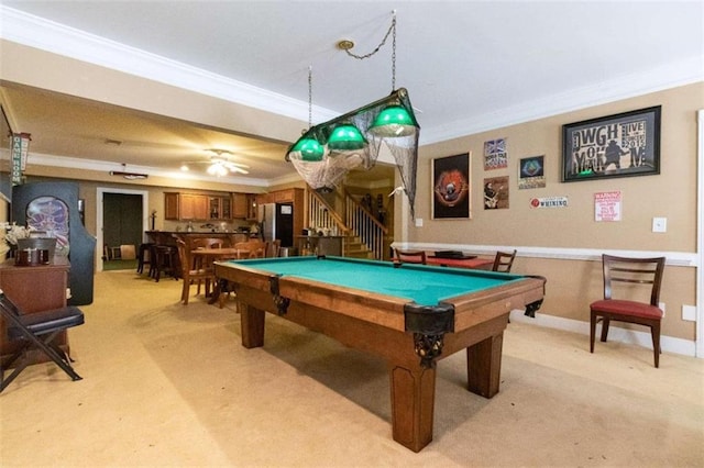 rec room featuring ceiling fan, billiards, light colored carpet, and ornamental molding