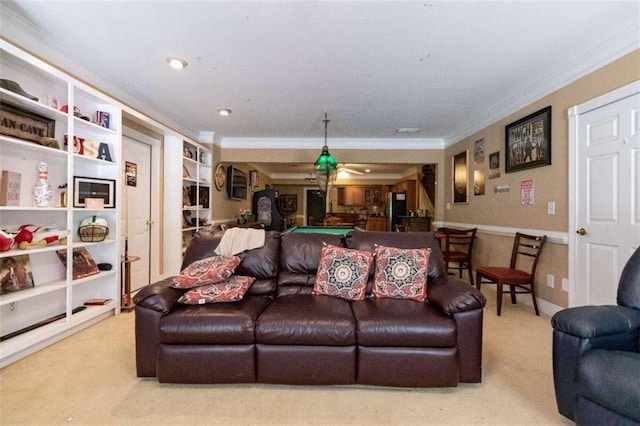 carpeted living room featuring crown molding and pool table