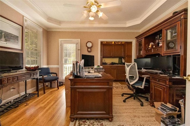 home office featuring light hardwood / wood-style floors, ornamental molding, a raised ceiling, and ceiling fan